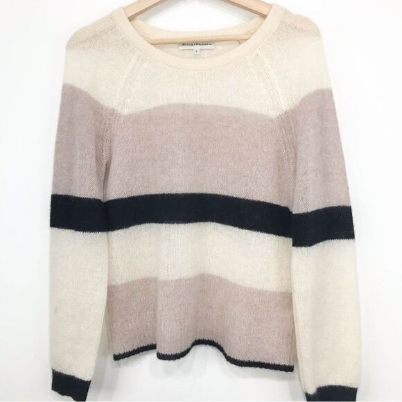 White + Warren Black Blush Cream 100% Cashmere Lightweight Striped Sweater - Picture 2 of 14